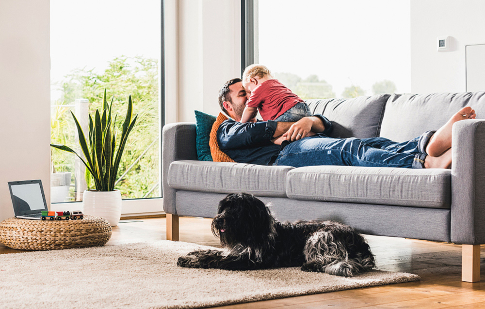 A dad and toddler relaxing on the couch with a puppy on the floor. 