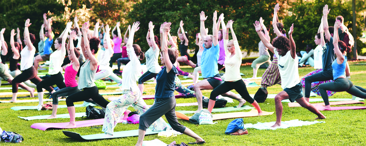 A large group of people practice yoga in a park